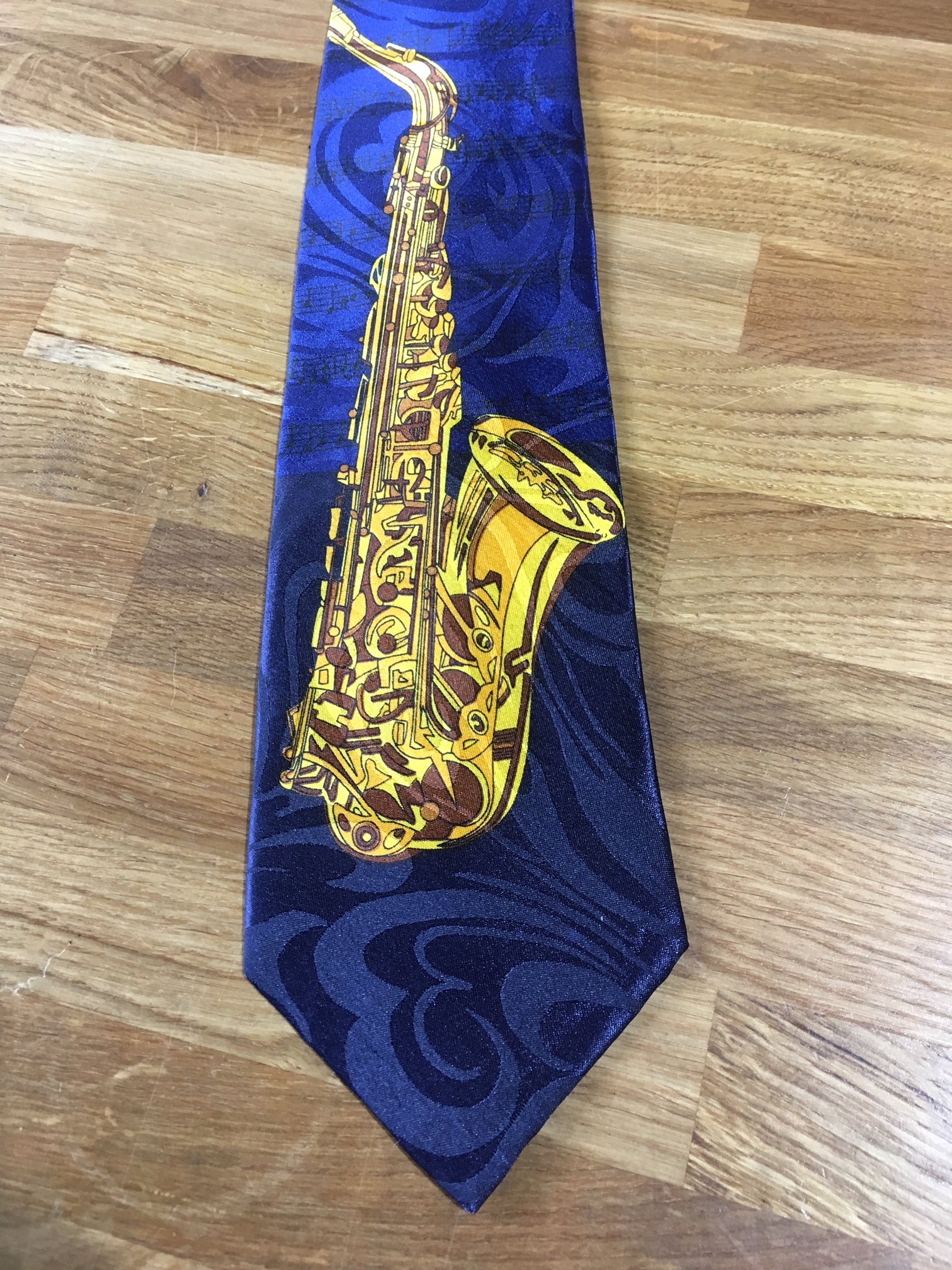 Polyester Tie - Saxophone Large on Blue