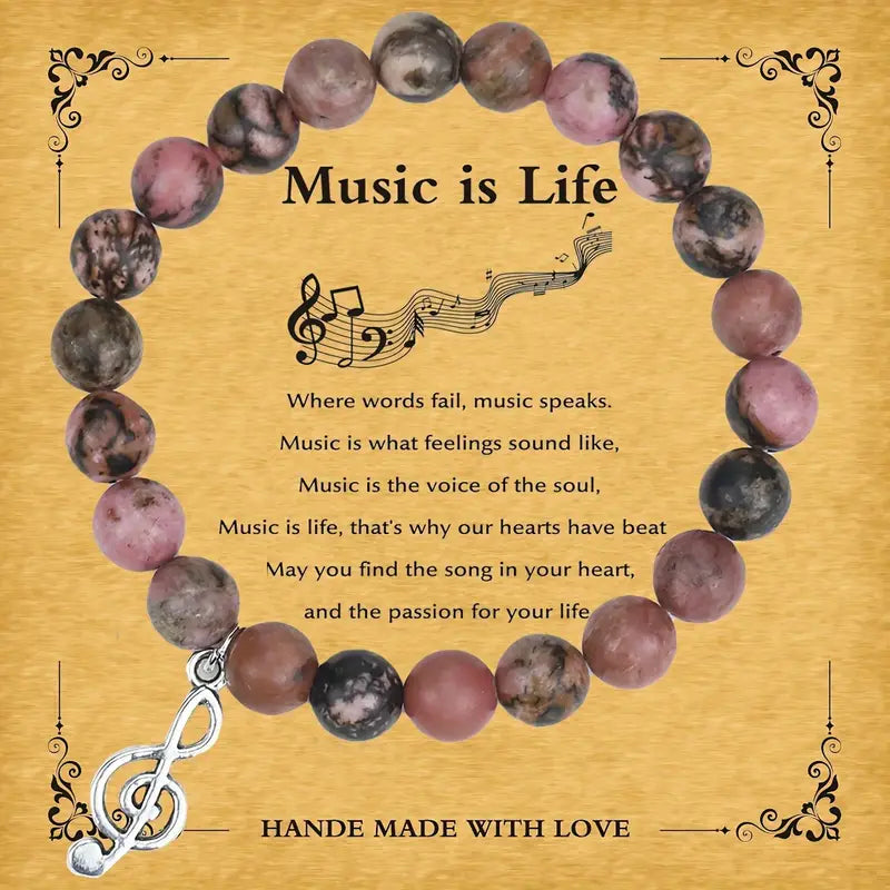 Handmade Natural Gemstone Beaded Bracelet With Treble Clef Charm.