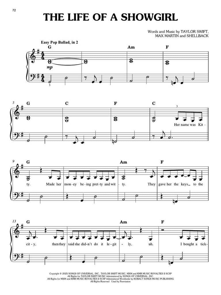 Taylor Swift - The Life Of A Showgirl - Easy Piano