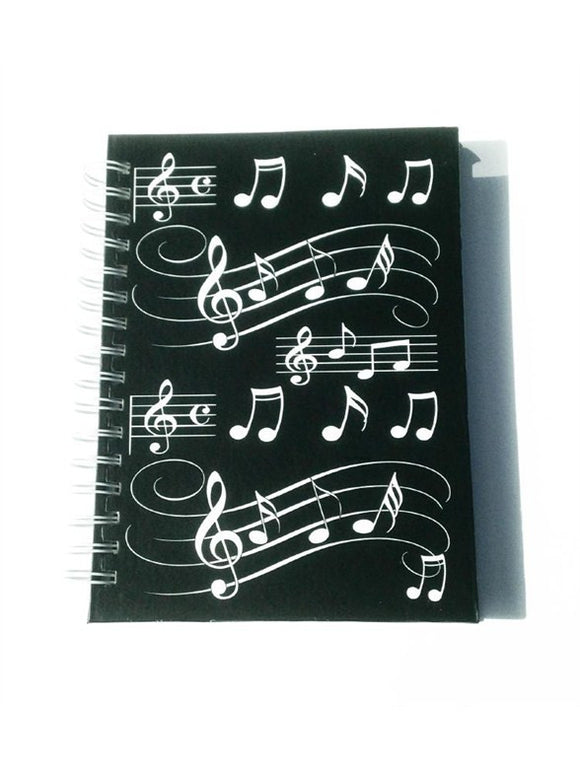 A6 Hardback Spiral Bound Notebook Black With White Musical Notes