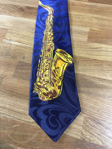 Polyester Tie - Saxophone Large on Blue