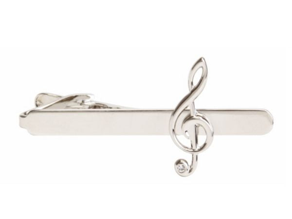 Treble Clef with crystal Rhodium Plated Tie Clip